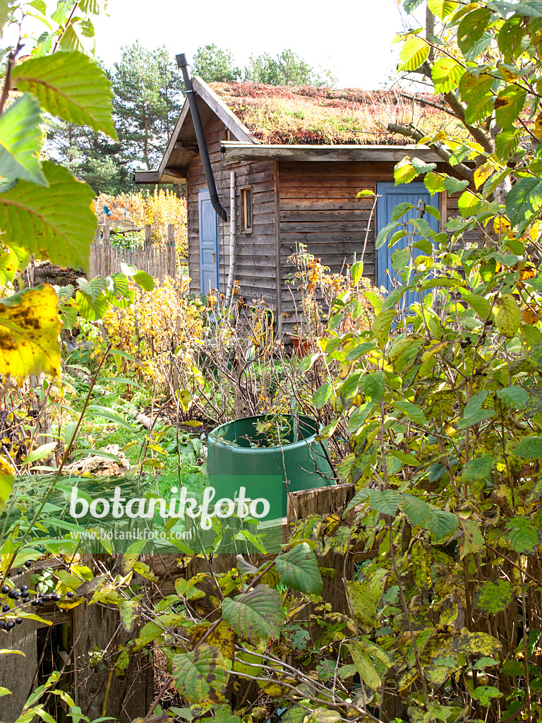 478055 - Gartenlaube mit begrüntem Dach in einem Naturgarten