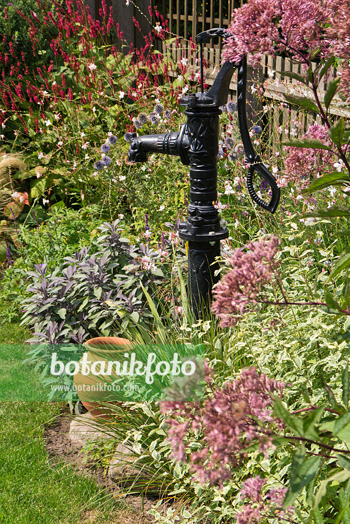 536196 - Beam pump and stoneware jar in a perennial garden