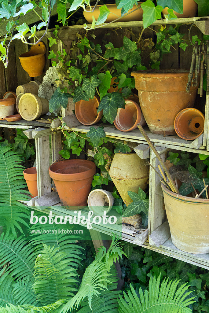 608133 - Clay pots in a shelf made of wooden baskets