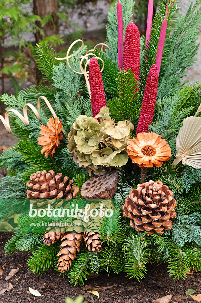 466062 - Grave decoration with fir branches, cones and dyed plant parts