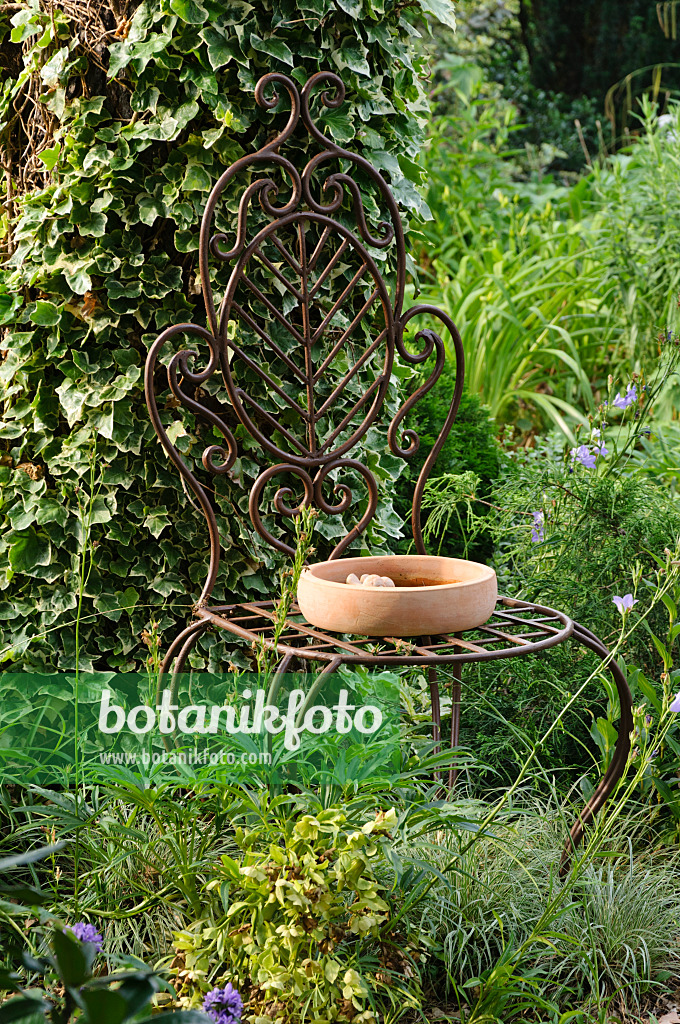 486035 - Old, curved chair with cast iron rocailles with a round earthenware birdbath in a garden