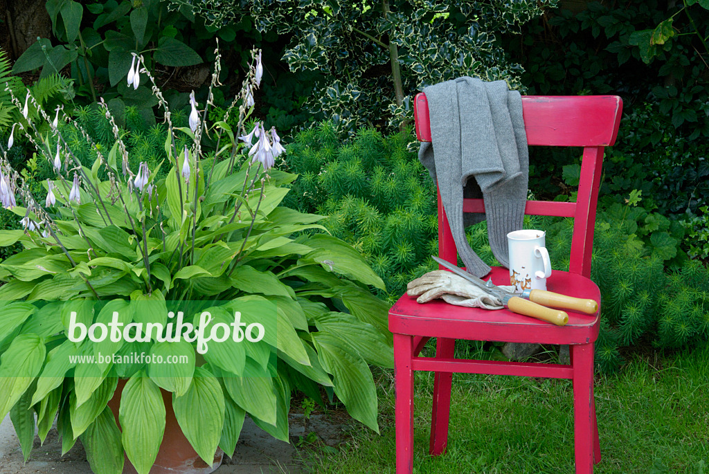 456002 - Red chair with gardening tools