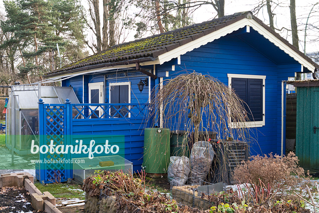 529070 - Abri de jardin bleu dans un jardin familial en hiver