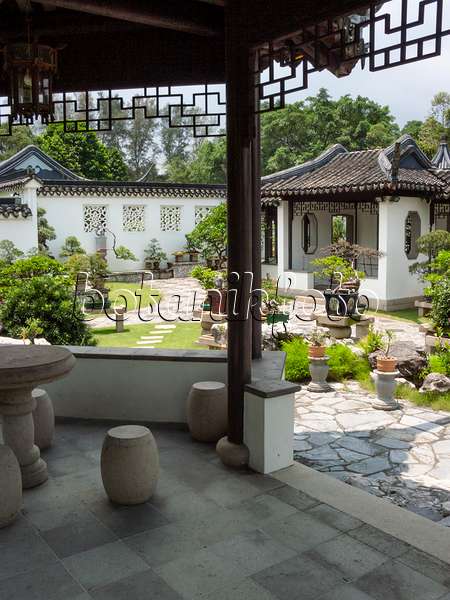411222 - Asiatischer Garten mit Bonsais und Häusern mit weißen Mauern