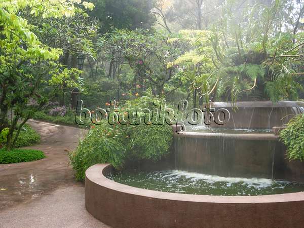 411184 - Großer Brunnen mit sprühender Gischt in einem tropischen Garten in Singapur