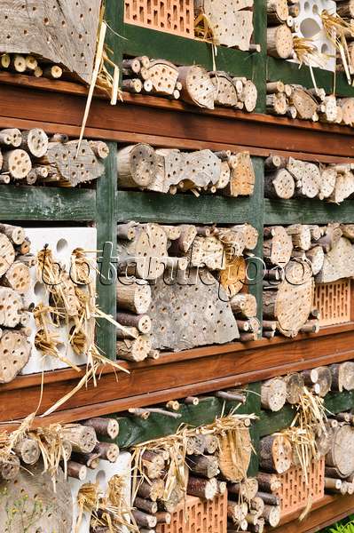 473186 - Aide à la nidification des insectes avec des briques perforées remplies de paille, de branches et de troncs d'arbres dans une grille en bois