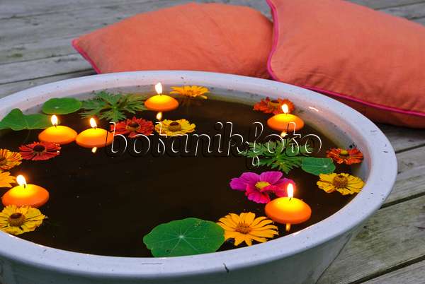 483032 - Bol d'eau avec fleurs et bougies flottantes