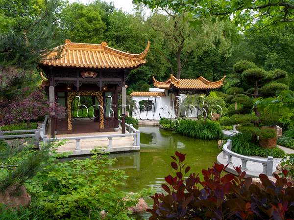 426092 - Cottages with pagoda-shaped roofs, Chinese Garden, Westpark, Munich, Germany