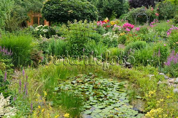 546053 - Garden pond in a rich flowering garden with pavilion