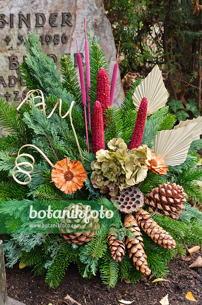 466061 - Grave decoration with fir branches, cones and dyed plant parts