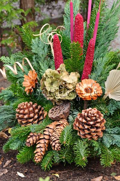 466062 - Grave decoration with fir branches, cones and dyed plant parts