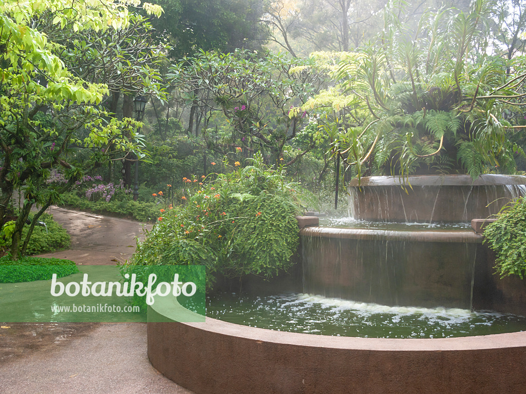 411184 - Large fountain with spray in a tropical garden in Singapore