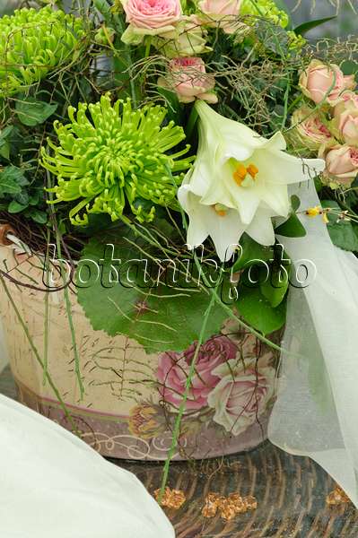 472043 - Lilies (Lilium), pincushions (Leucospermum) and roses (Rosa)