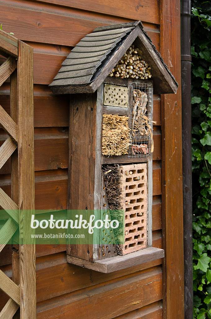 521084 - Nesting aid for insects with perforated bricks, branches and straw on a wooden wall