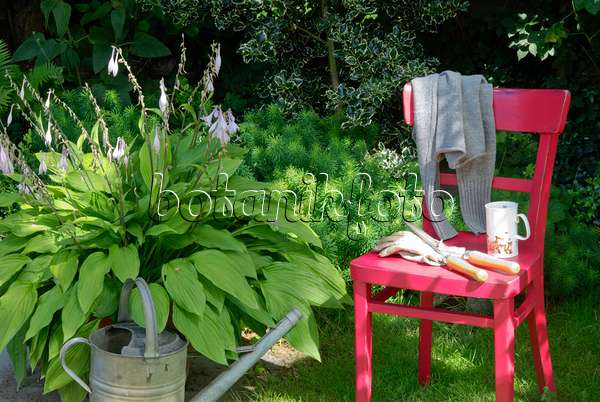 456003 - Red chair with gardening tools