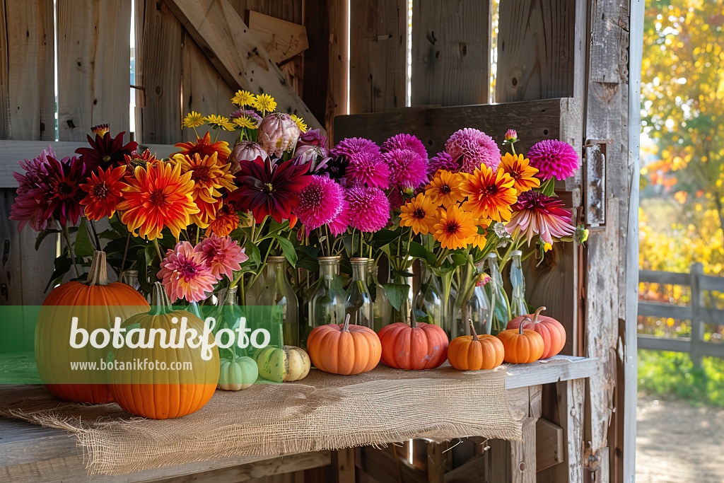 667067 - Autumn decorations with pumpkins and glass vases with dahlias