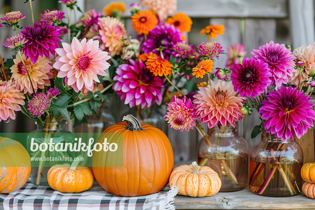667068 - Autumn decorations with pumpkins and glass vases with dahlias