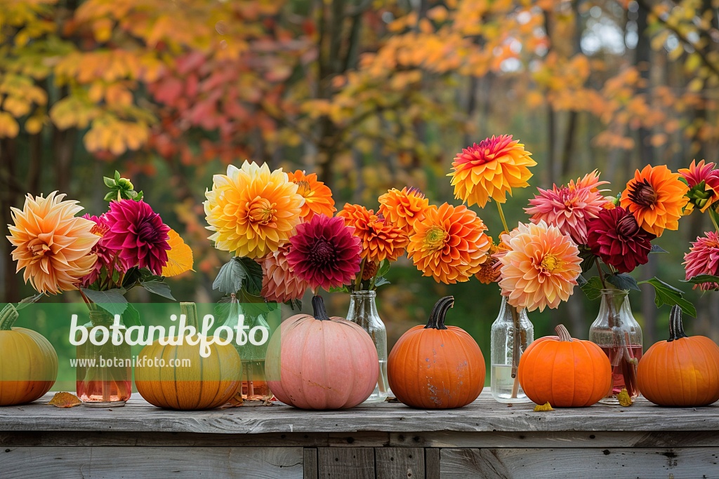 667070 - Autumn decorations with pumpkins and glass vases with dahlias