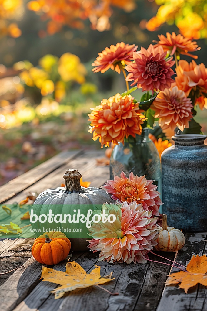 667069 - Autumn decorations with pumpkins and vases with dahlias