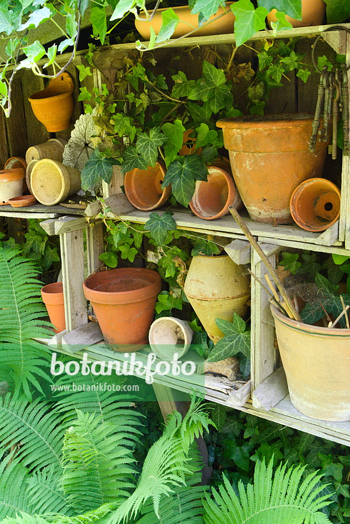 672085 - Clay pots on a garden shelf made from wooden crates