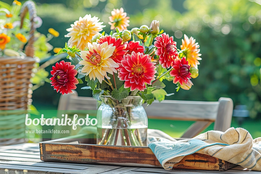 667010 - Colorful dahlias in a glass vase on a garden table