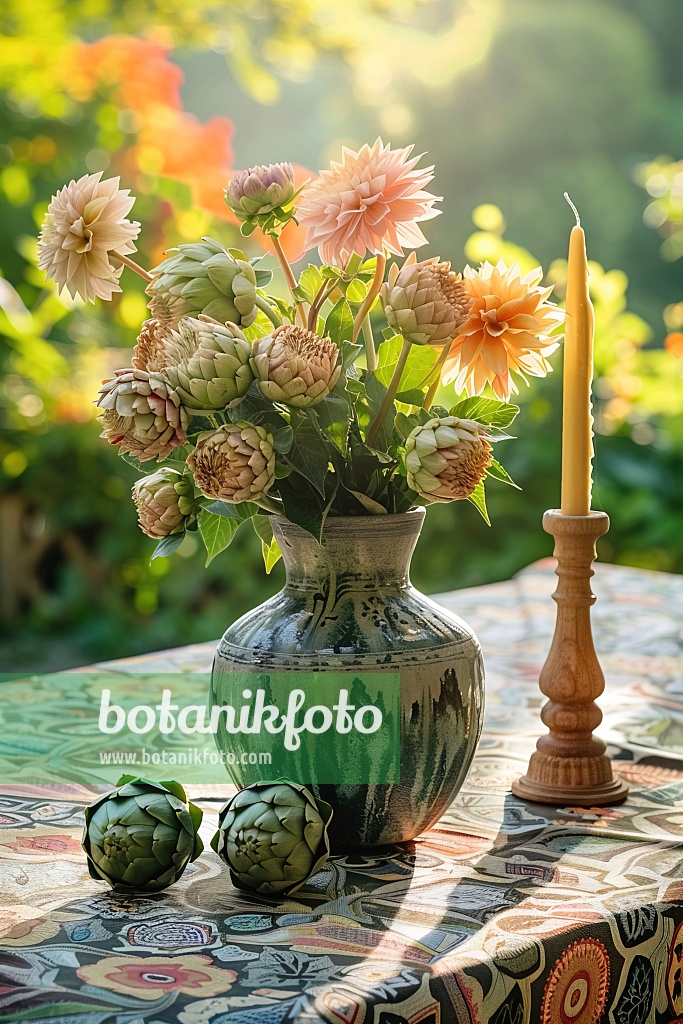 667020 - Dahlias and artichokes on a garden table with a lighted candle next to them