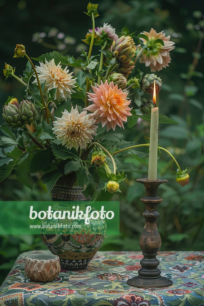 667021 - Dahlias et artichauts sur une table de jardin avec une bougie allumée à côté