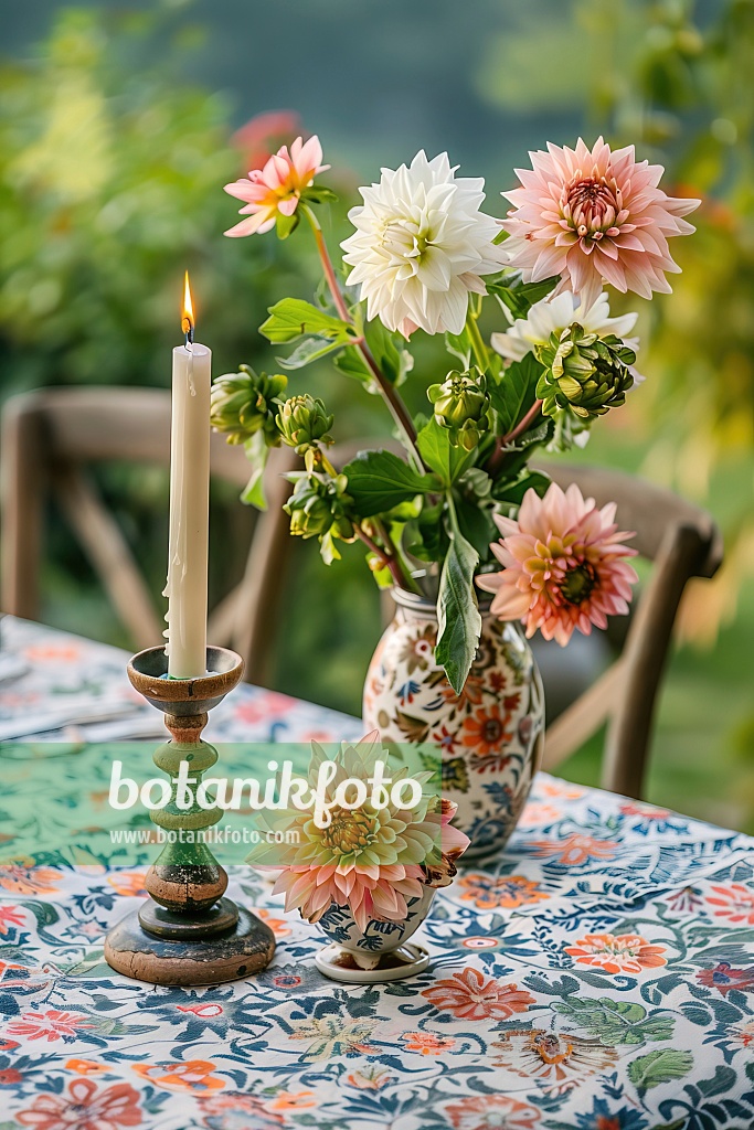 667030 - Dahlias et artichauts sur une table de jardin avec une bougie allumée à côté
