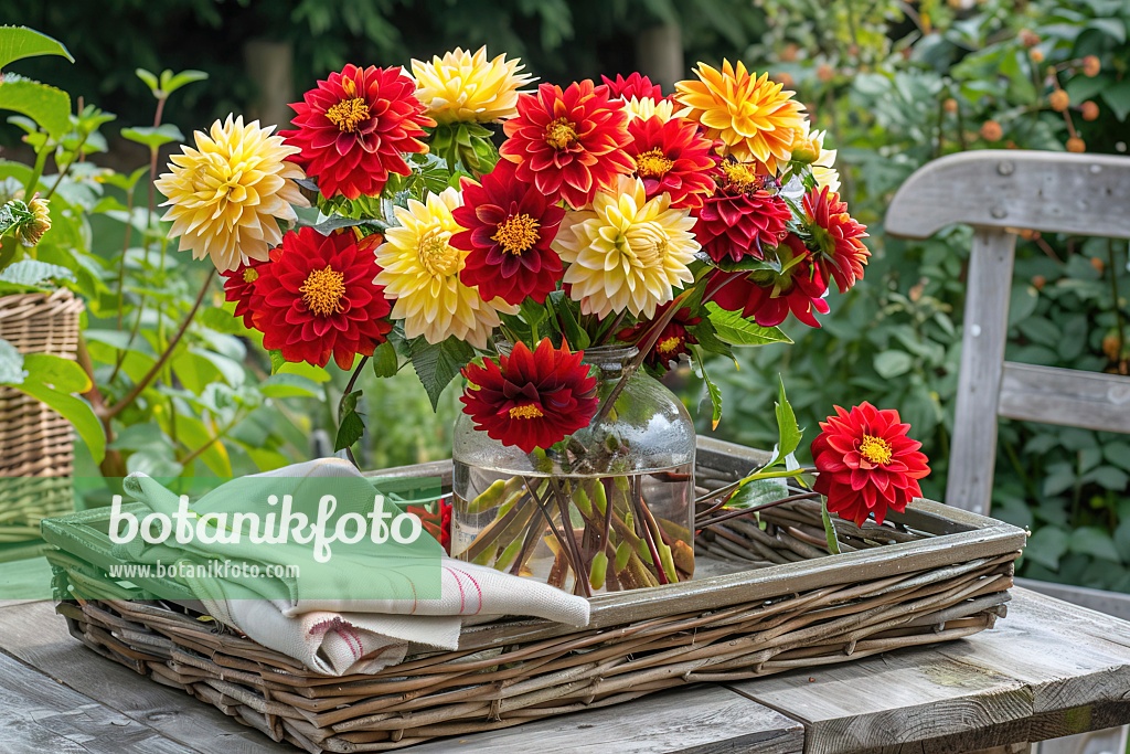 667009 - Dahlias multicolores dans un vase en verre sur une table de jardin