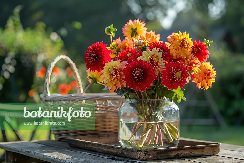 667011 - Dahlias multicolores dans un vase en verre sur une table de jardin