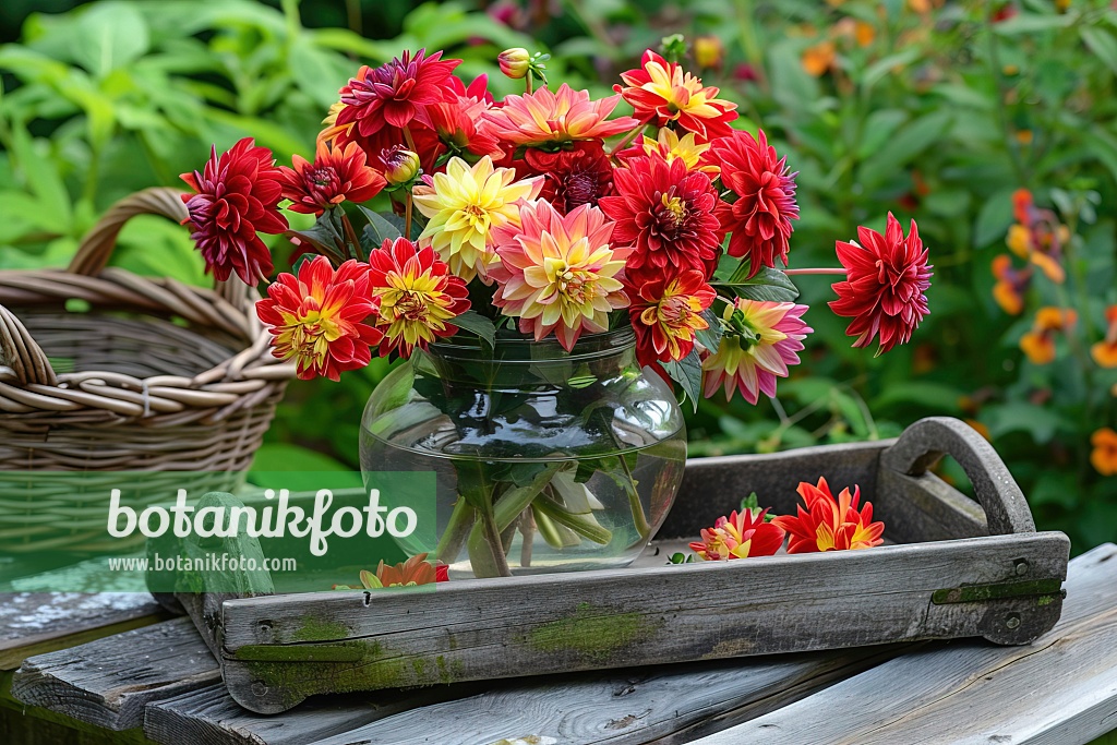 667012 - Dahlias multicolores dans un vase en verre sur une table de jardin