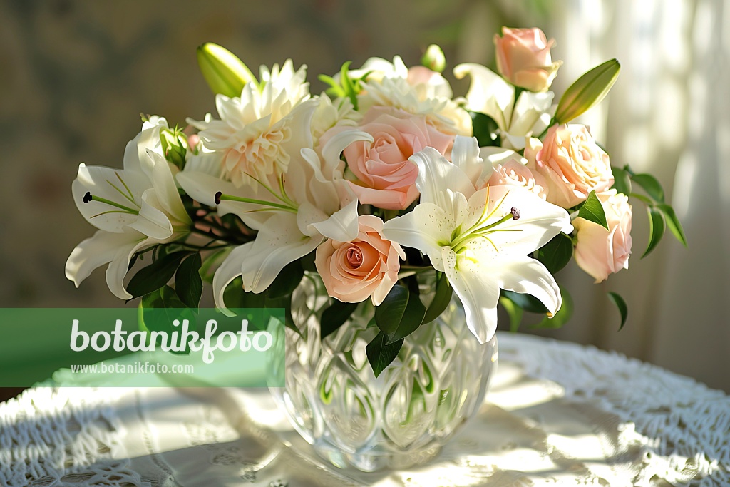 667043 - Des lys blancs et des roses roses dans un vase en cristal