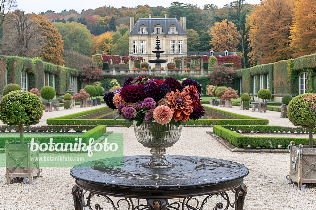 667031 - Elégant vase en cristal avec des dahlias sur une table décorée dans un jardin français