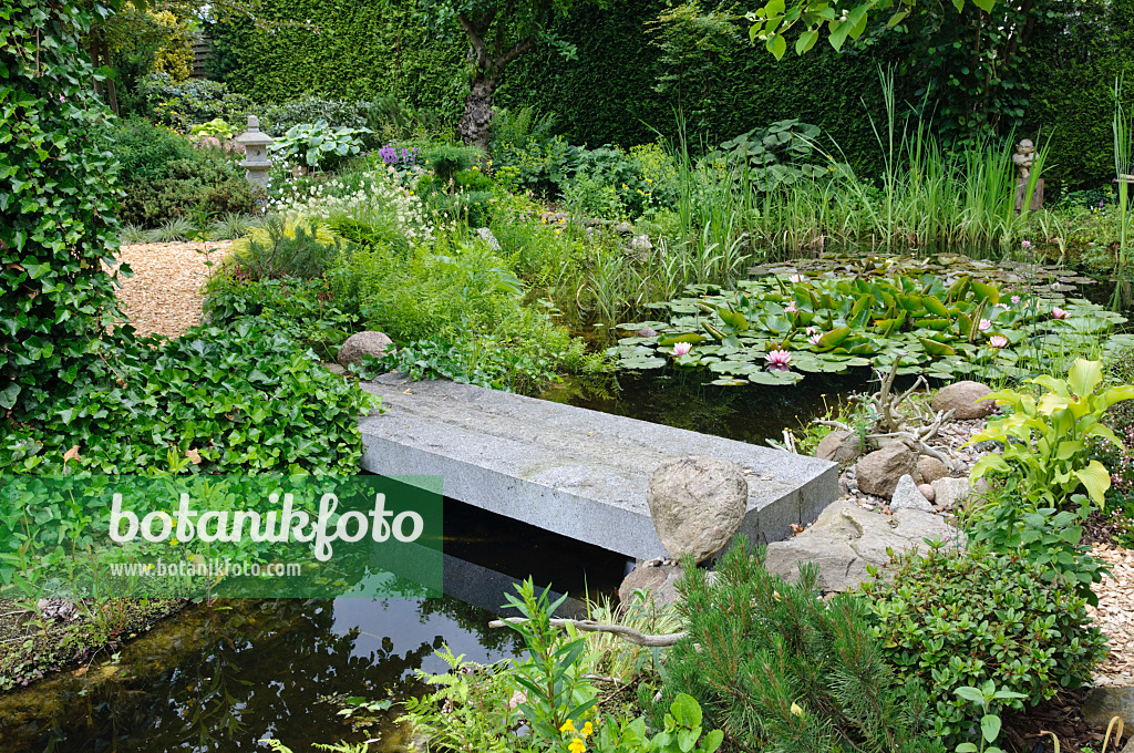 473081 - Étang à nénuphars avec pont en pierre dans un jardin idyllique