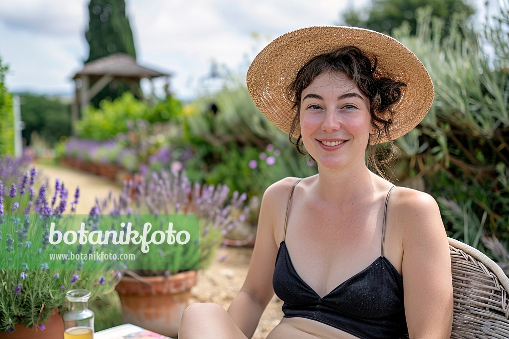 667033 - Femme en maillot de bain noir se détend dans un jardin méditerranéen