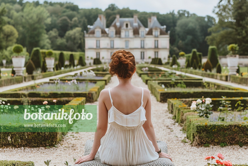667005 - Femme en robe blanche dans le jardin d'un château avec des roses et de la lavande