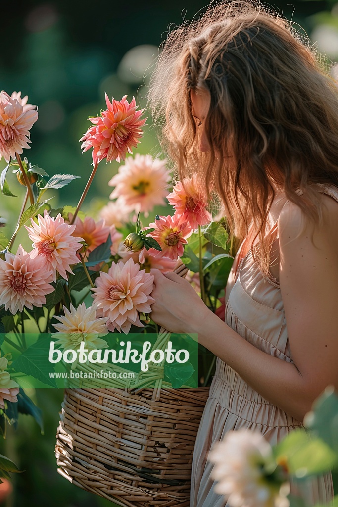 667022 - Femme en robe d'été portant une corbeille de dahlias
