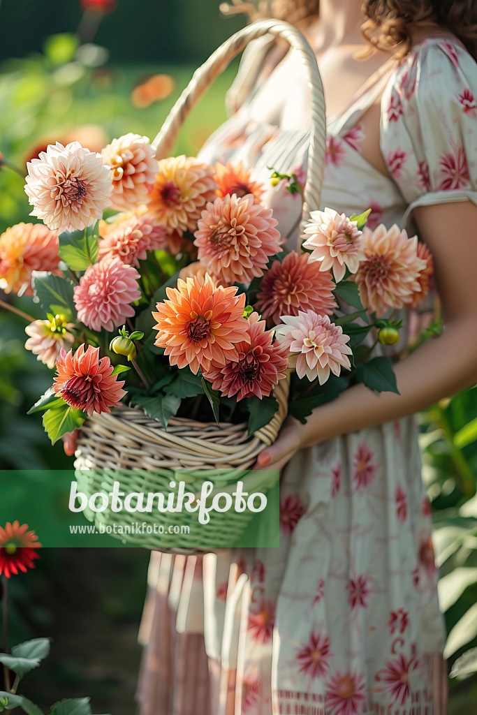 667024 - Femme en robe d'été portant une corbeille de dahlias
