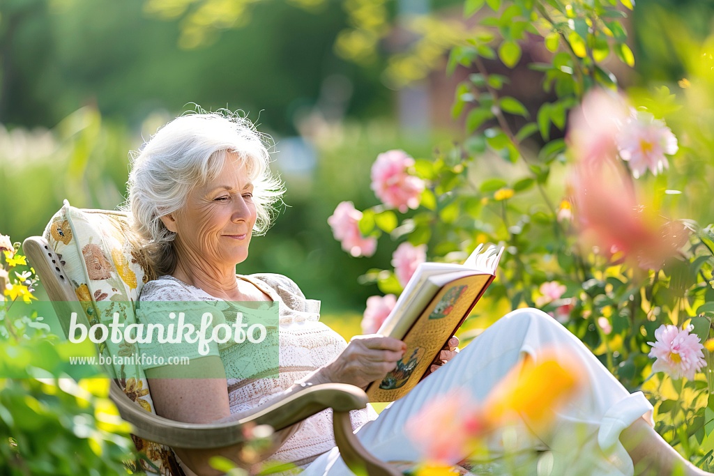 667051 - Femme lisant dans le jardin