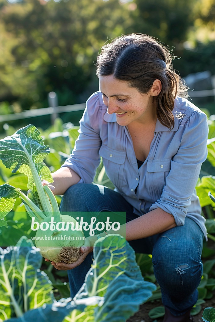 667026 - Frau erntet Kohlrabi im Gemüsegarten