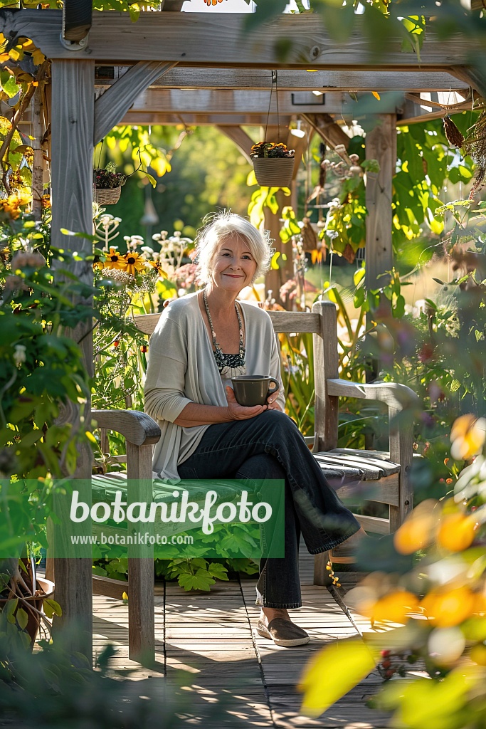 667056 - Frau genießt Kaffee auf einer Bank unter einer Pergola