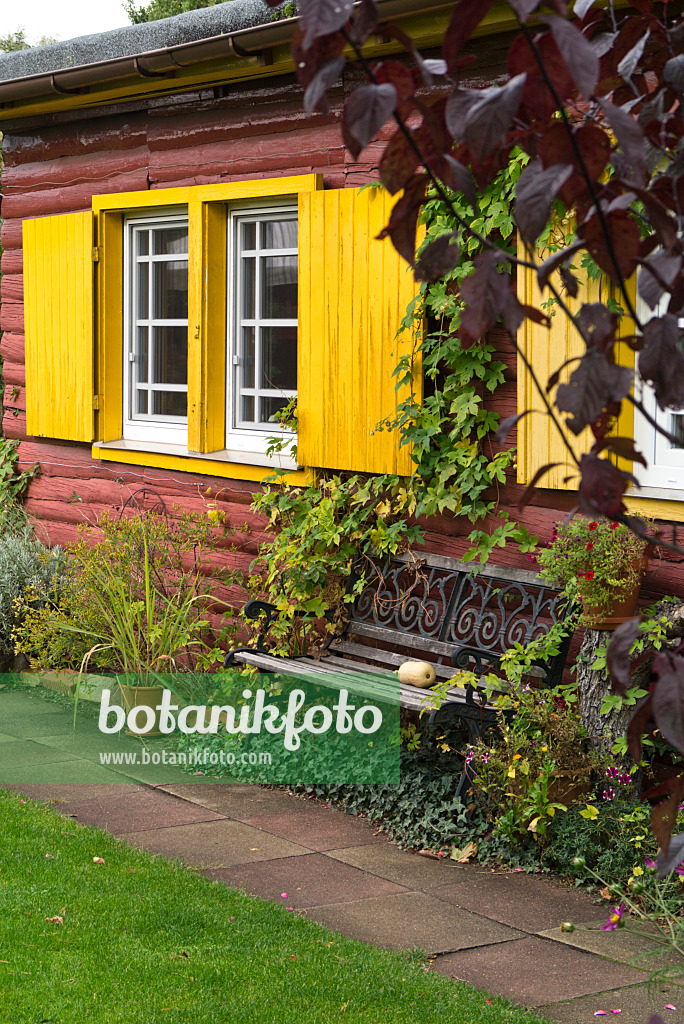 536212 - Garden bench in front of a house with yellow shutters