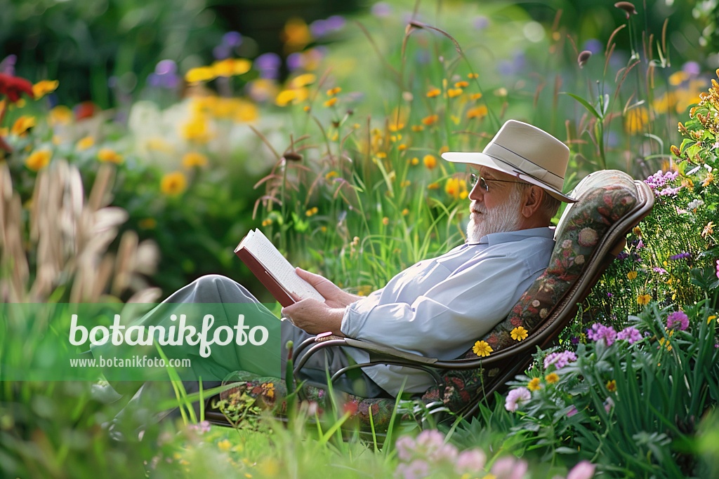 667060 - Homme assis dans une chaise de jardin et lisant un livre