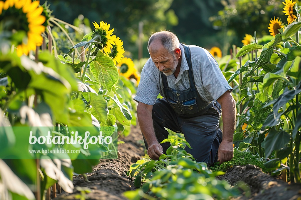 667058 - Mann pflegt Gemüsegarten zwischen Sonnenblumen