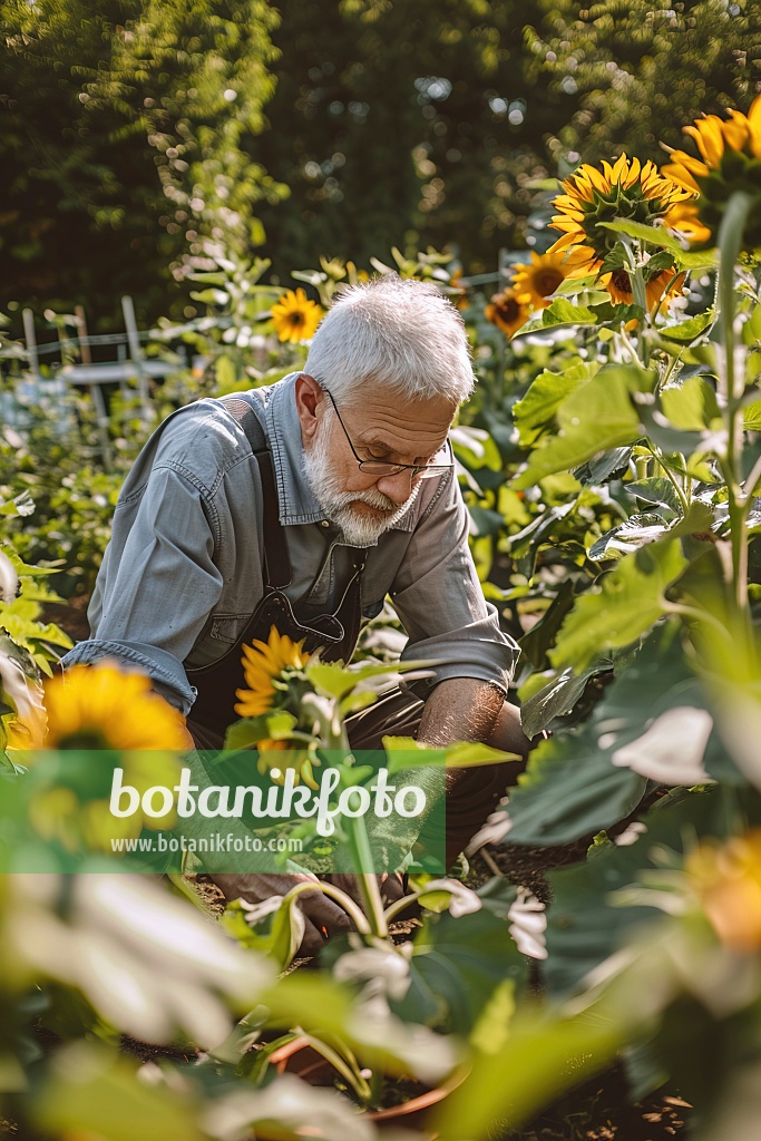 667059 - Mann pflegt Gemüsegarten zwischen Sonnenblumen