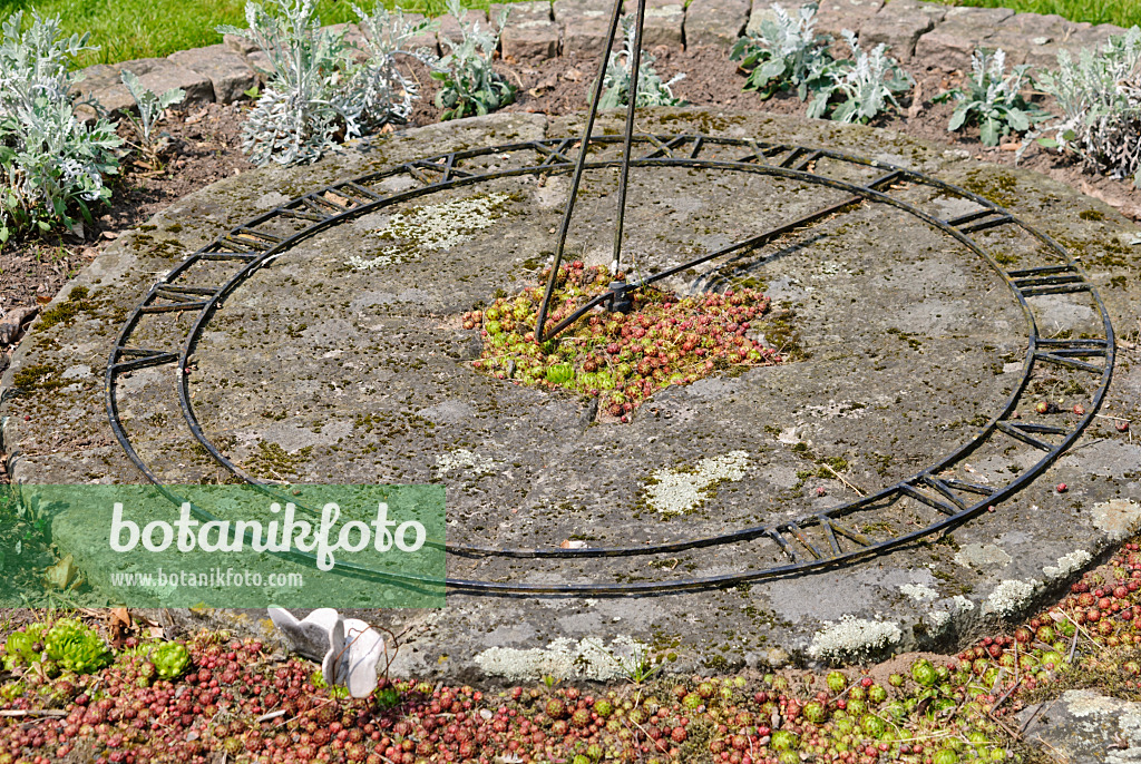 509149 - Metal sundial on a stone slab in the bed of a garden