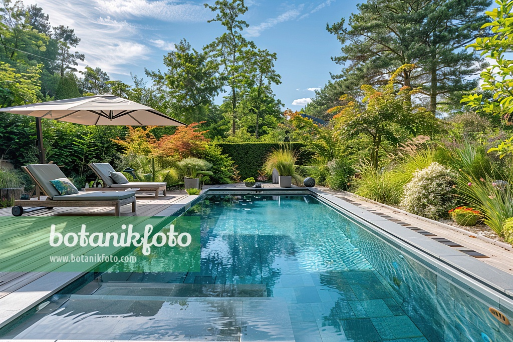 667036 - Moderner Gartenpool mit Sonnenliegen und Sonnenschirm