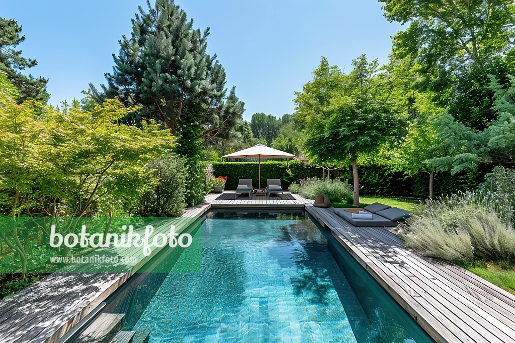 667037 - Piscine de jardin moderne avec chaises longues et parasol