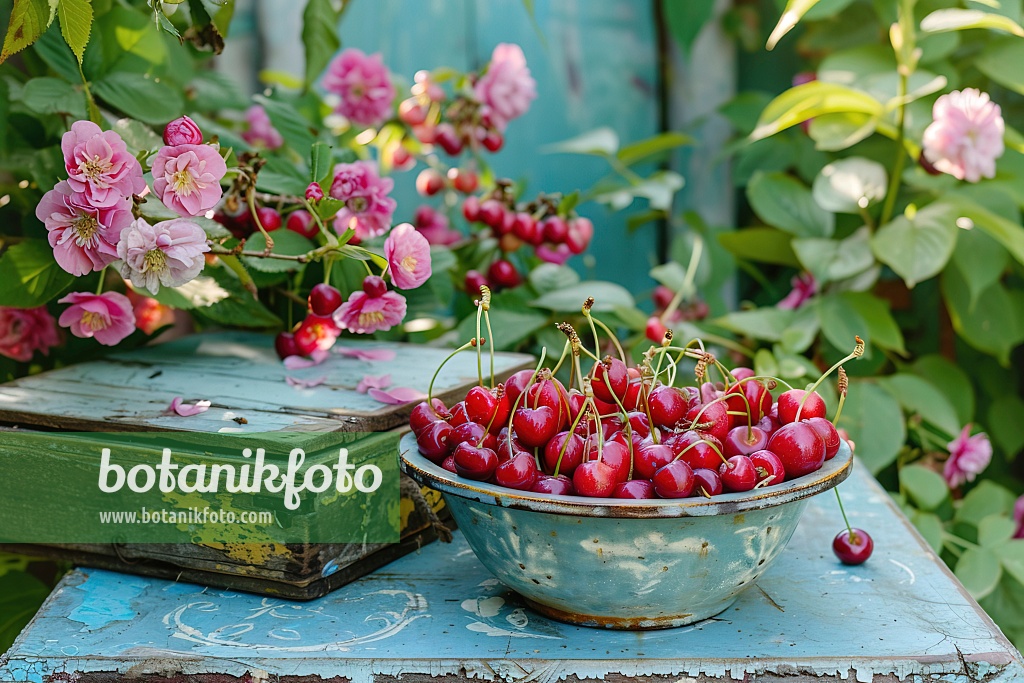 667029 - Ripe cherries in an enamel bowl on a garden table