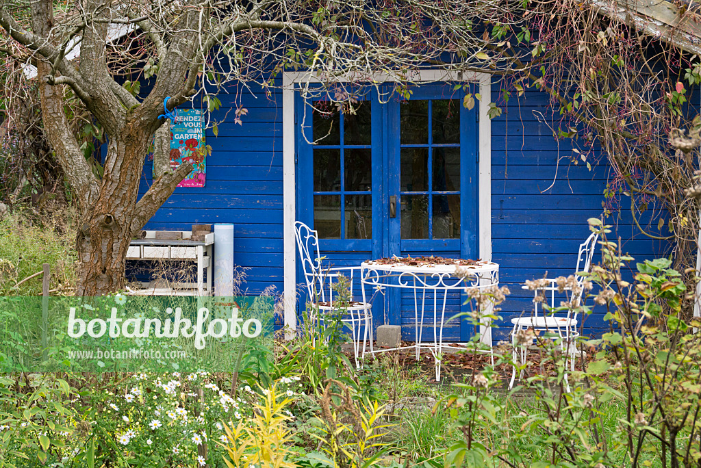 609041 - Seating area in front of a blue garden house